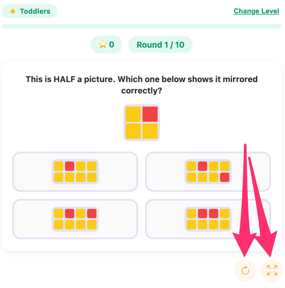 fullscreen and reload of symmetry match game