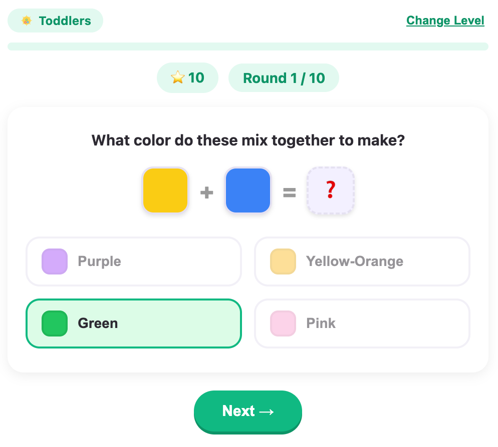 a correct answer for color mixing game