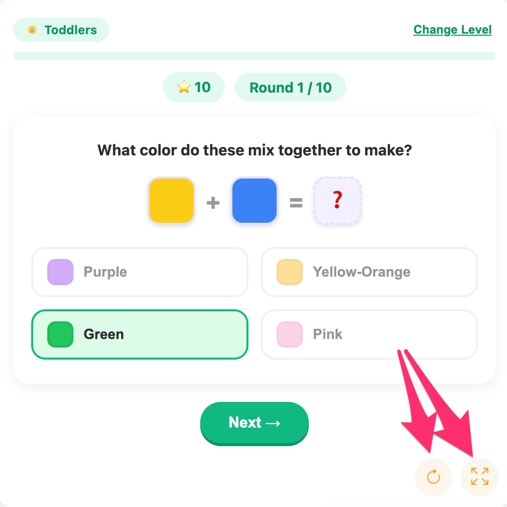 fullscreen and reload buttons for color mixing game