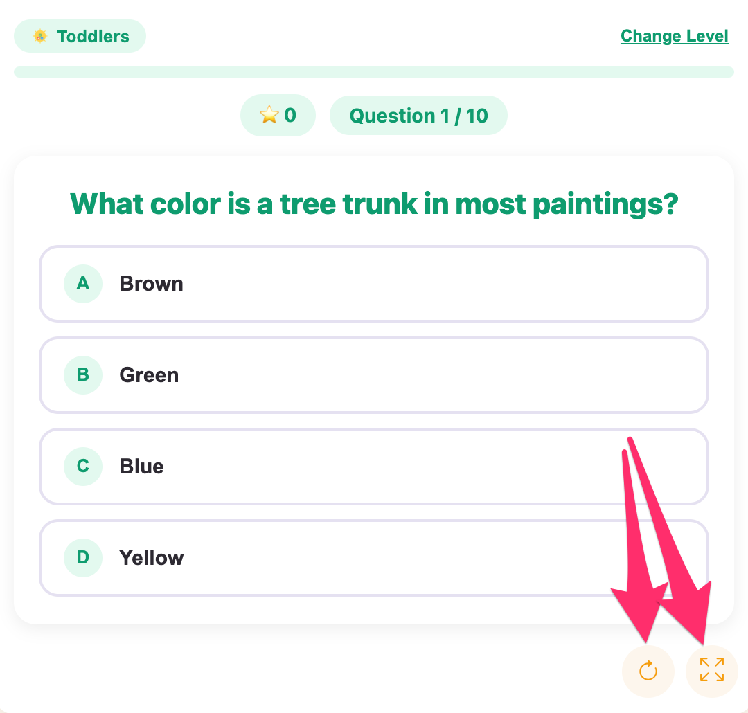fullscreen and reload button example for art masterpiece quiz game