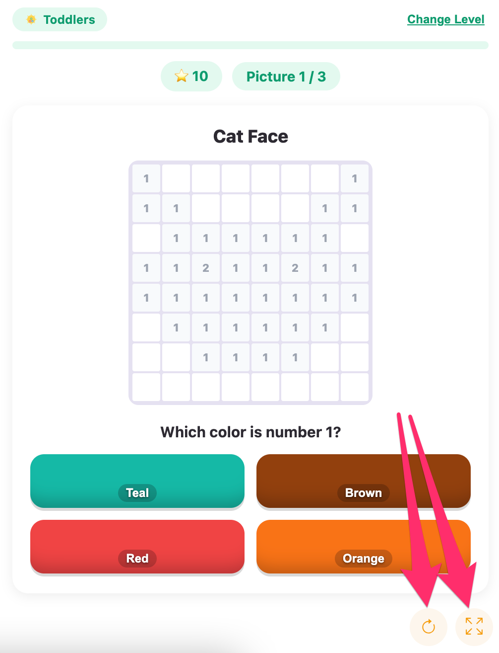 fullscreen and reload of color by number game