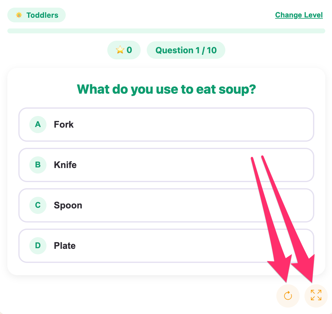 fullscreen and reload of science quiz game