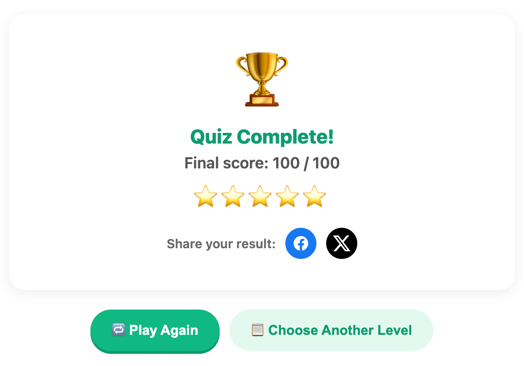 screenshot when complete the science quiz game