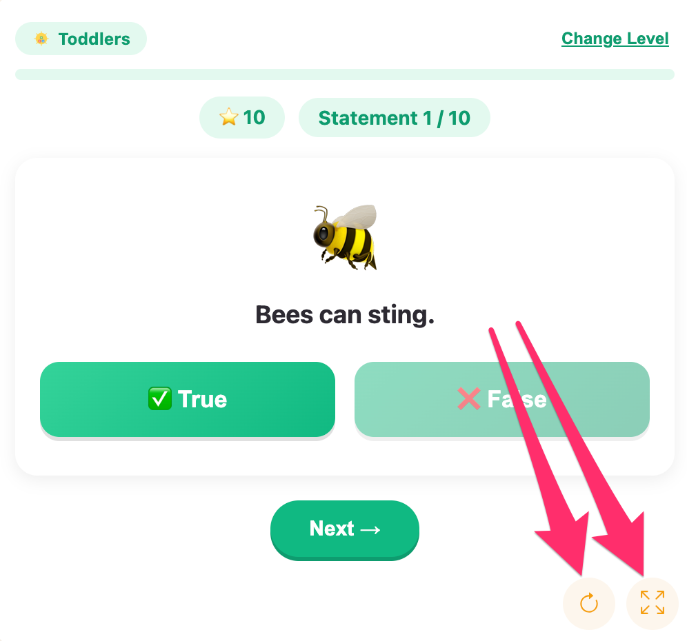 fullscreen and reload of true or false game