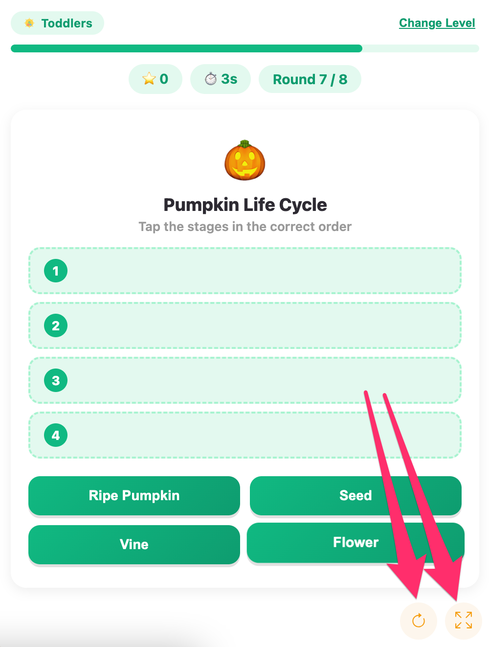 fullscreen and reload button of the life cycle sequence game