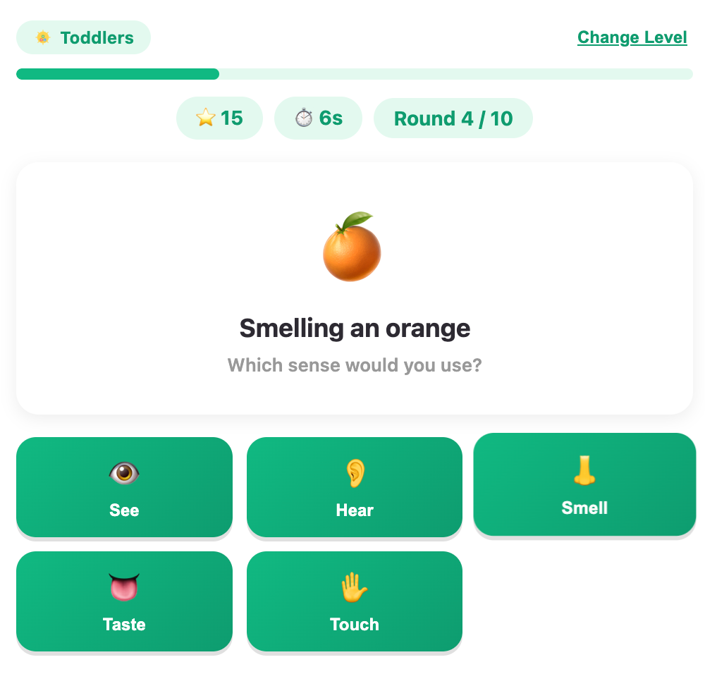 a screenshot about one question of five senses match game