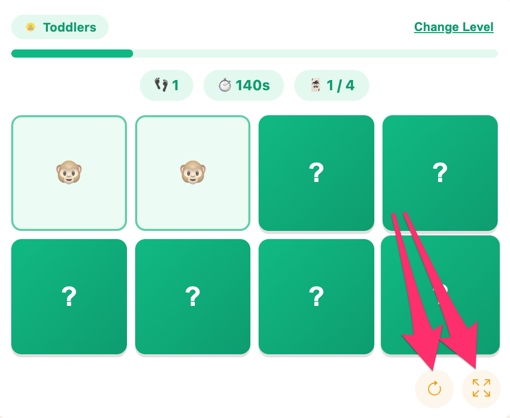 fullscreen and reload buttons of memory match game