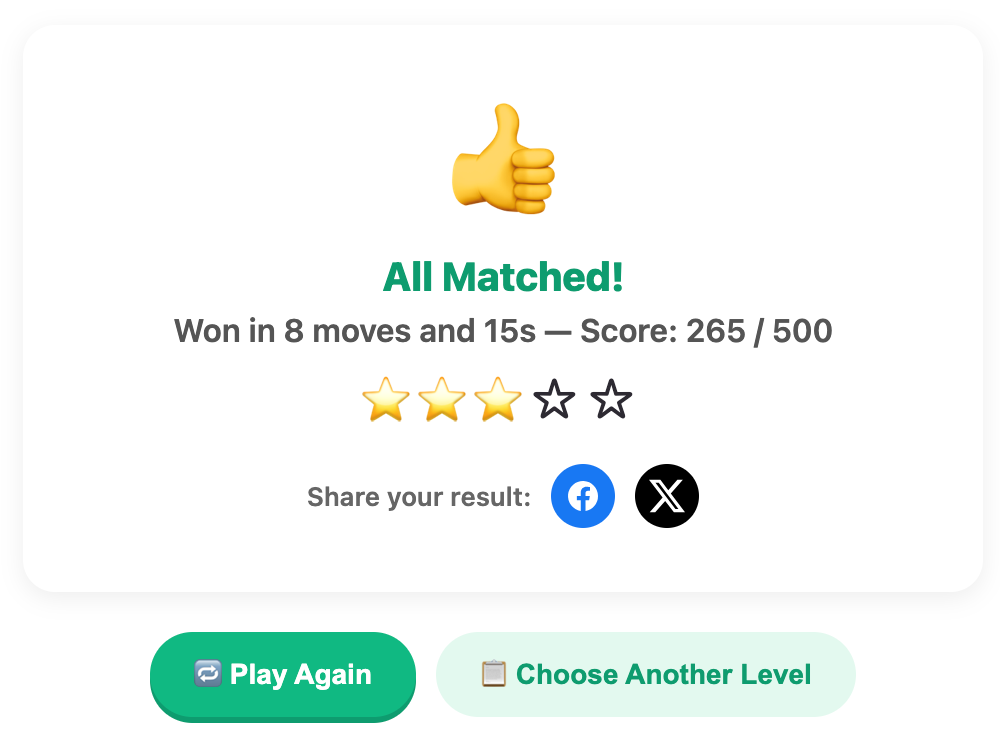 a screenshot when complete a memory match game