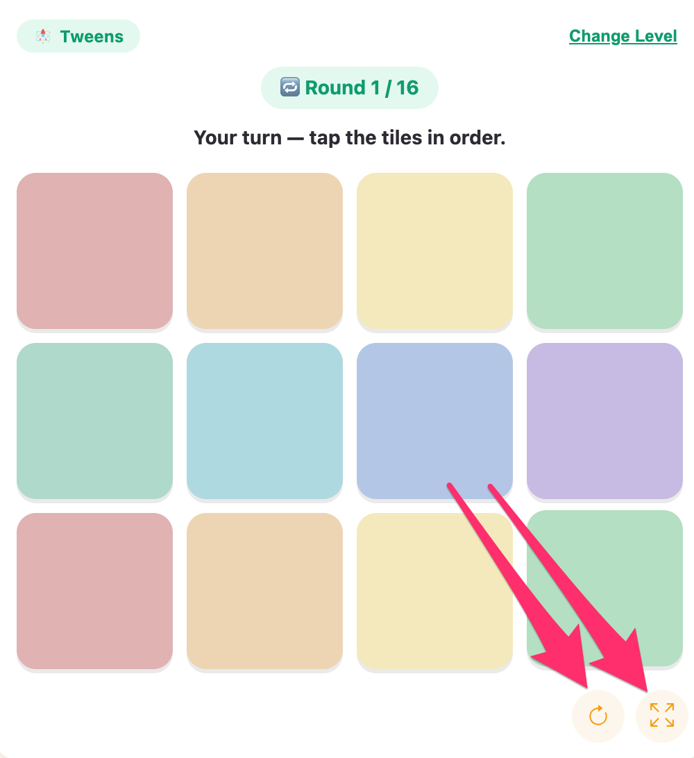 fullscreen and reload buttons of the sequence recall game