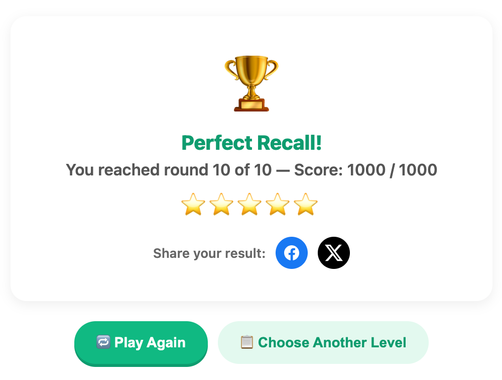 a screenshot when complete a sequence recall game