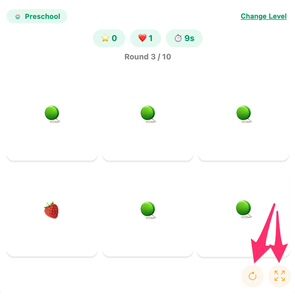 fullscreen and reload buttons of odd one out game