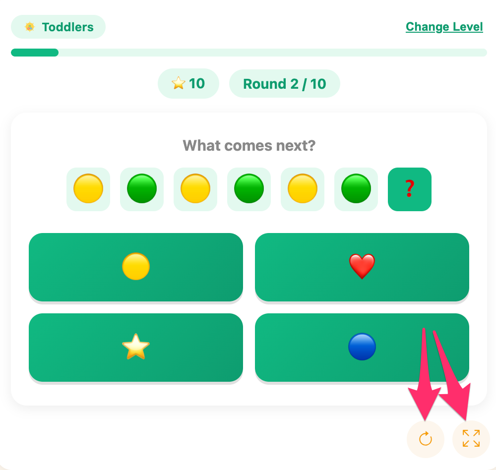 fullscreen and reload buttons of the pattern sequence game