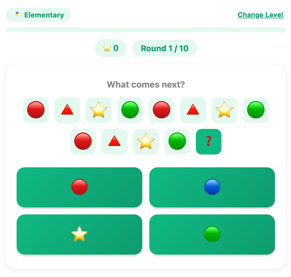 a screenshot about an example pattern of pattern sequence game for elementary