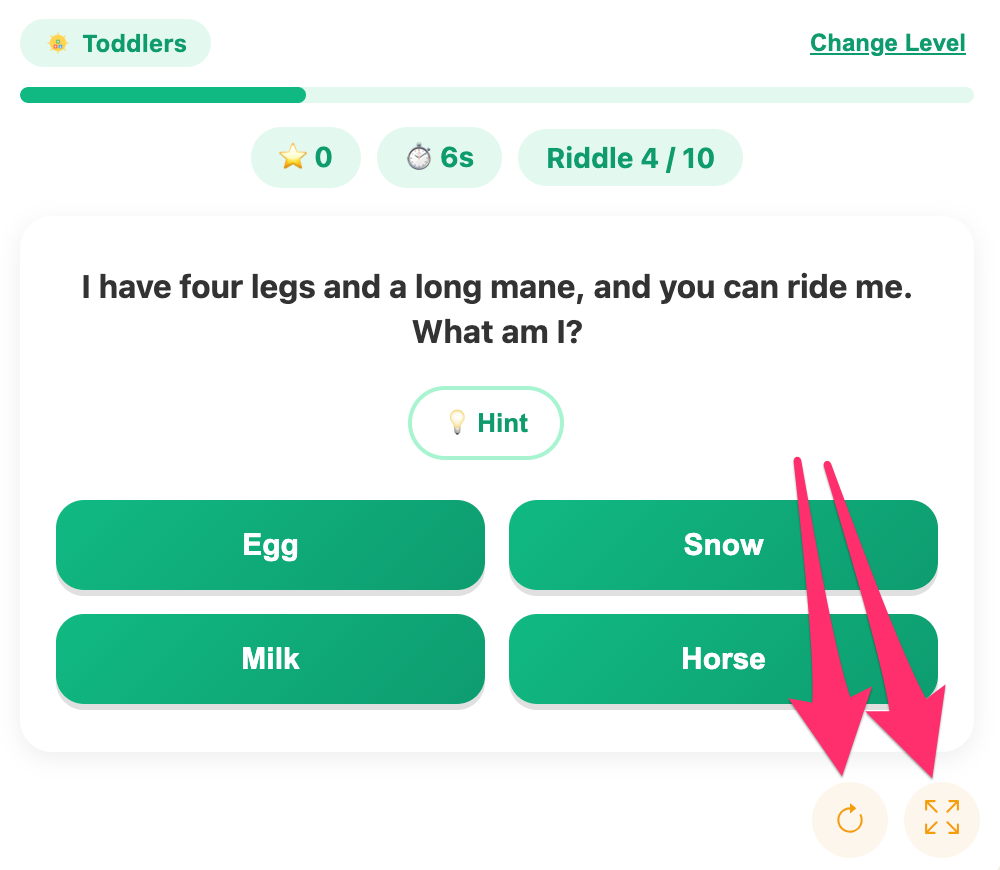 fullscreen and reload buttons of the riddle rush game