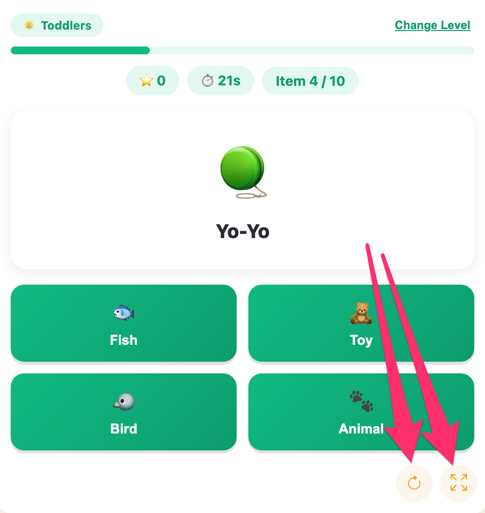 fullscreen and reload buttons of the category sort game