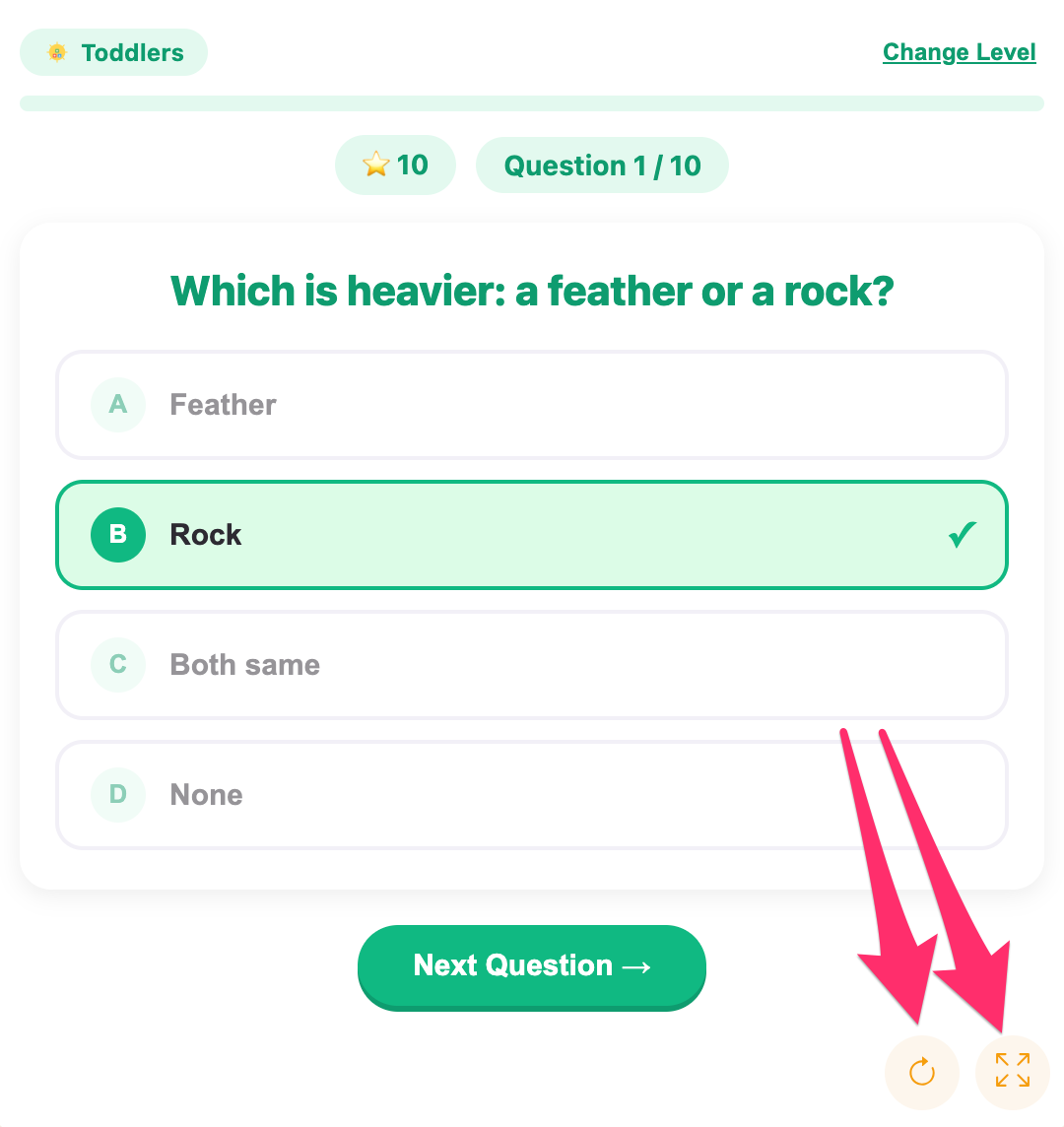 fullscreen and reload buttons of the math quiz game