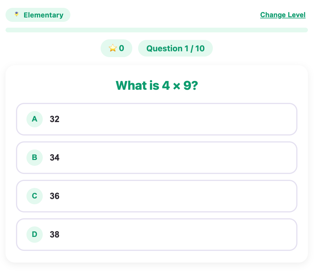 A screenshot about an example question for elementary in the math quiz game