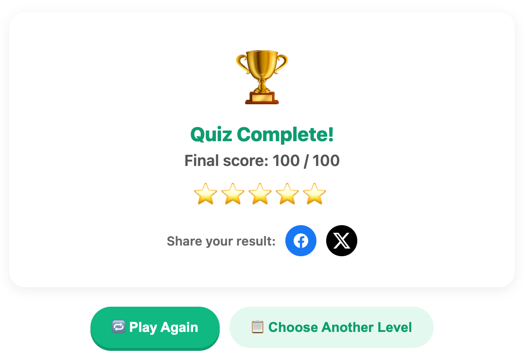A screenshot when complete a math quiz game