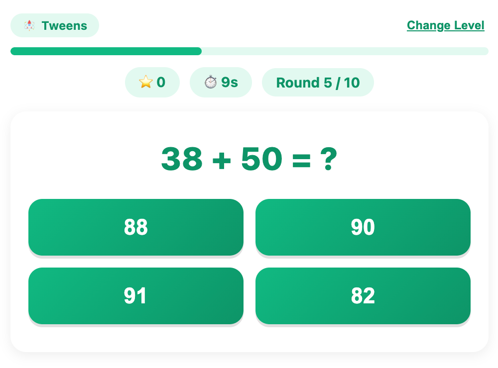 tap a bubble for an example question of a quick math game