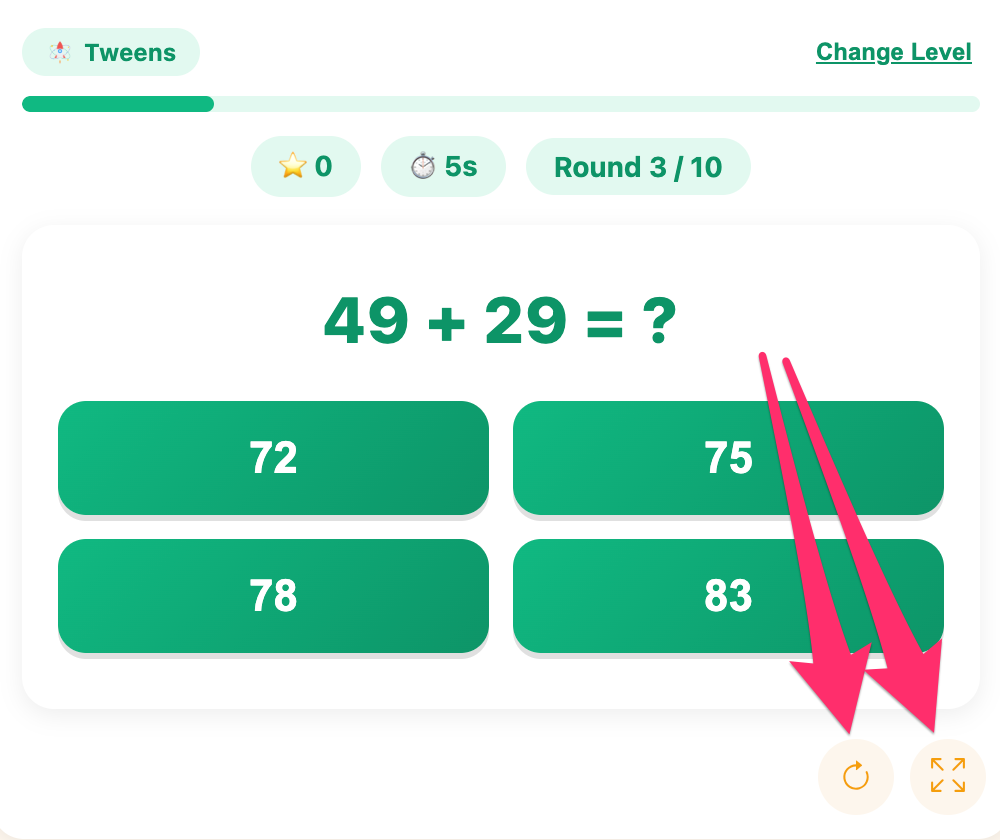 fullscreen and reload buttons of the quick math game