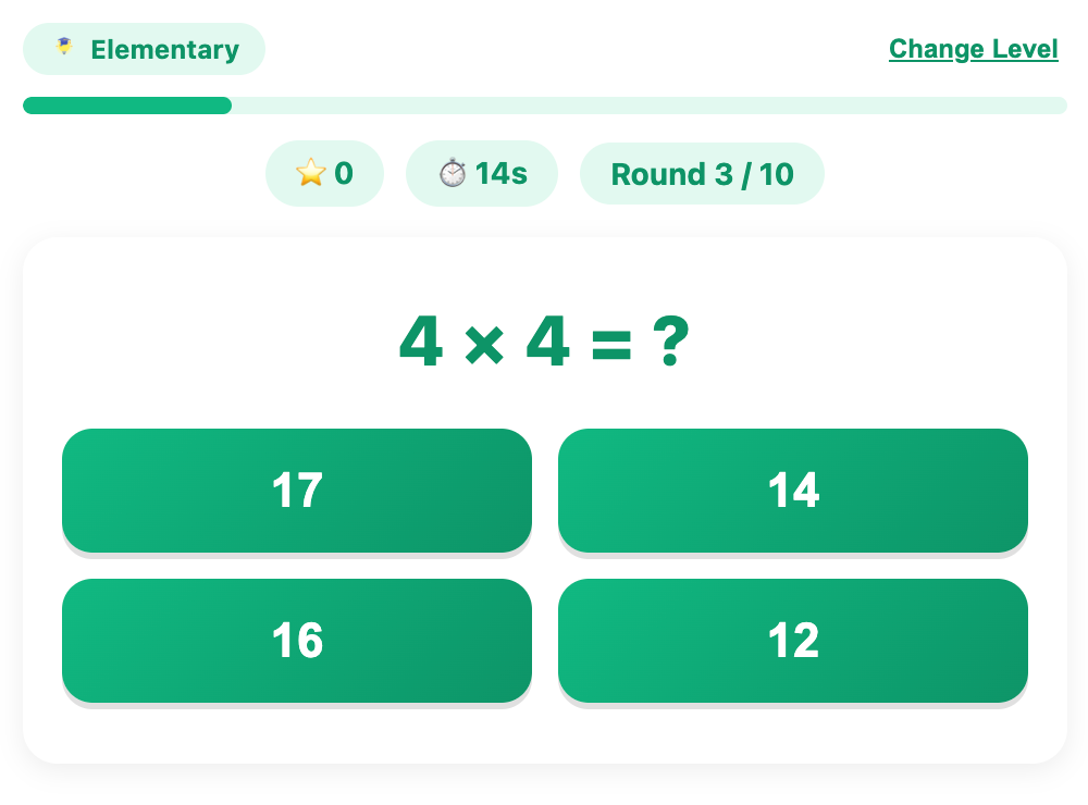 A screenshot about an example question for elementary in the quick math game