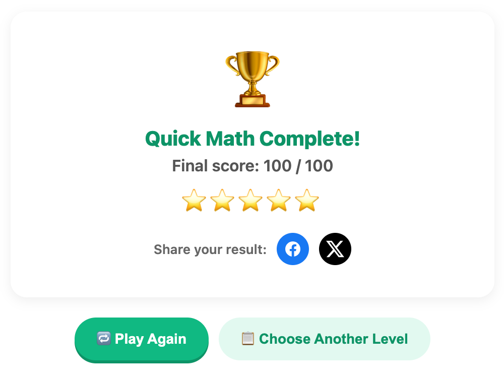A screenshot when complete a quick math game