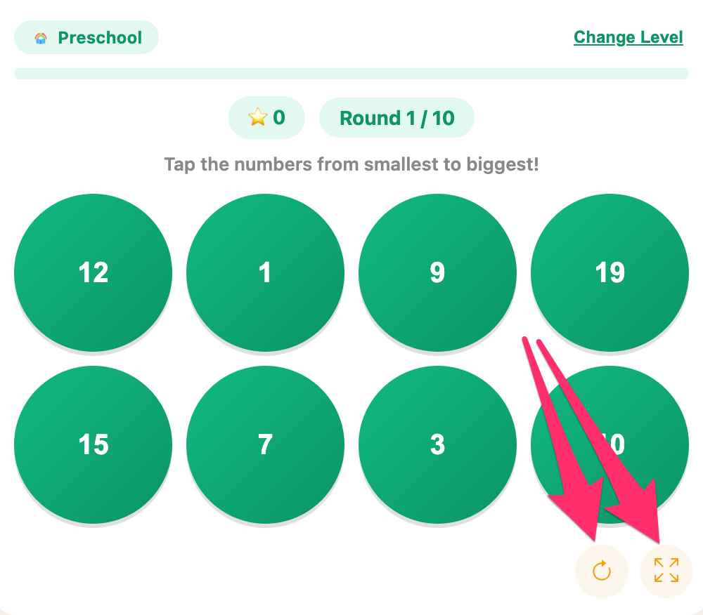 fullscreen and reload buttons for the number bubbles game
