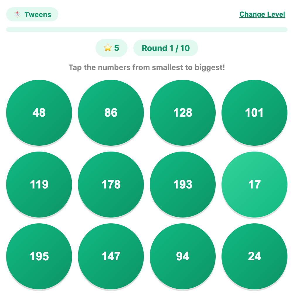 tap the smallest number in an example round of the number bubbles game