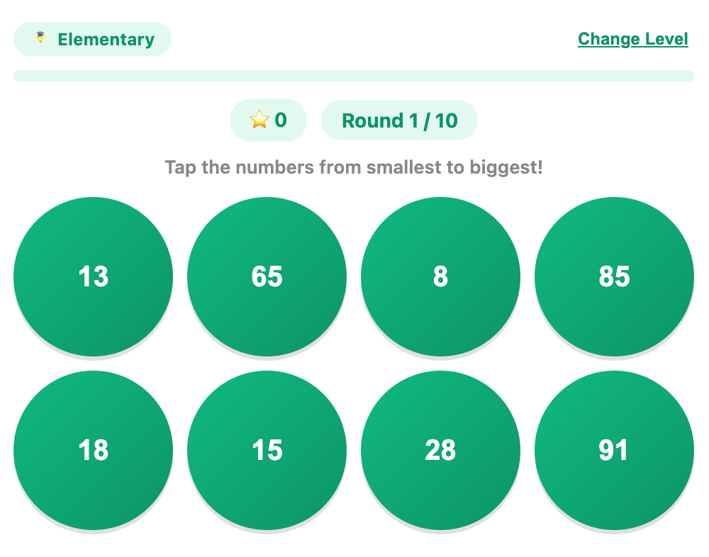 a screenshot about an example round for elementary in the number bubbles game
