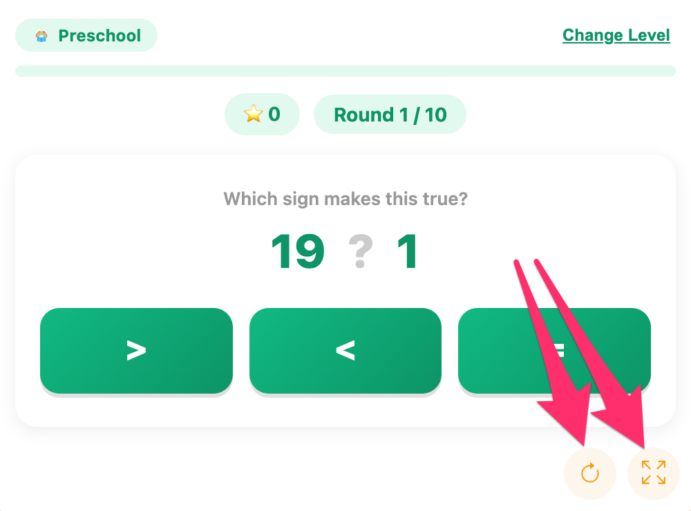 fullscreen and reload buttons of the compare numbers game