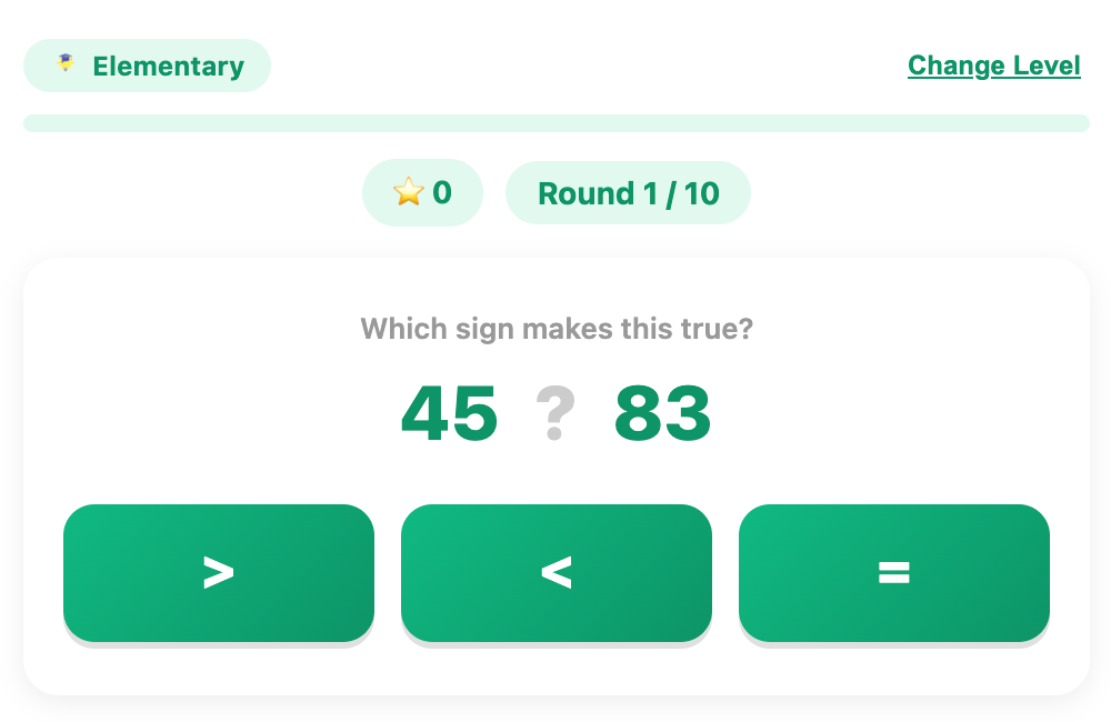 a screenshot about an example round for elementary in the compare numbers game