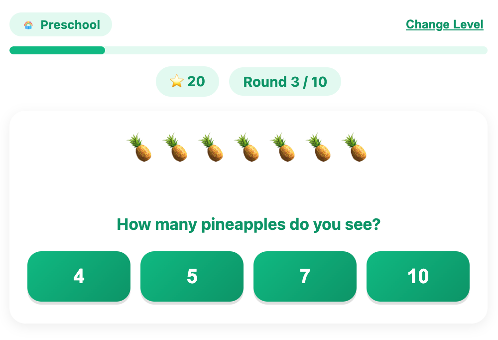 a screenshot about an example round for preschool in the count treasures game