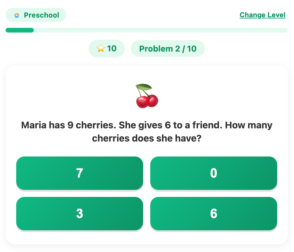 tap correct answer for an example round in the math word problem wizard game