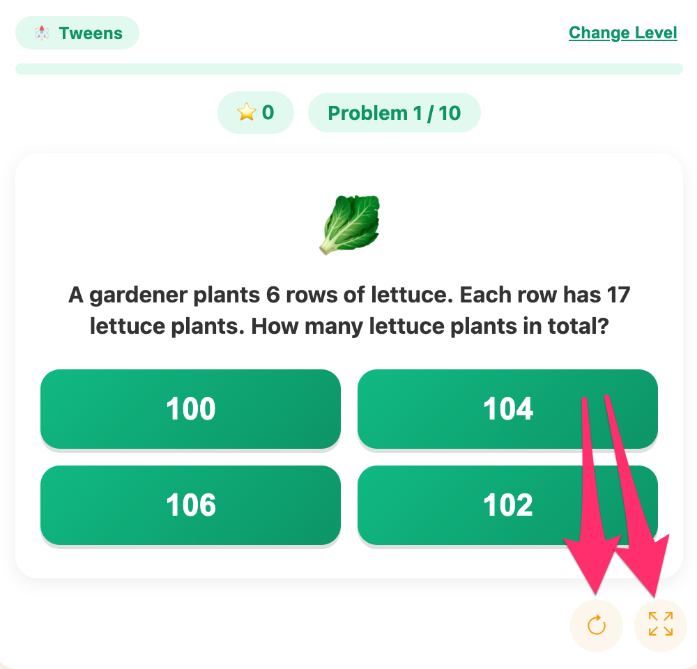 fullscreen and reload buttons of the math word problem wizard game