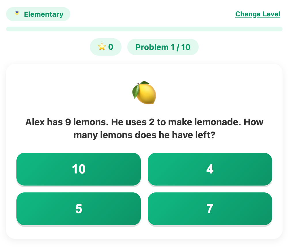a screenshot about an example round for elementary in the math word problem wizard game