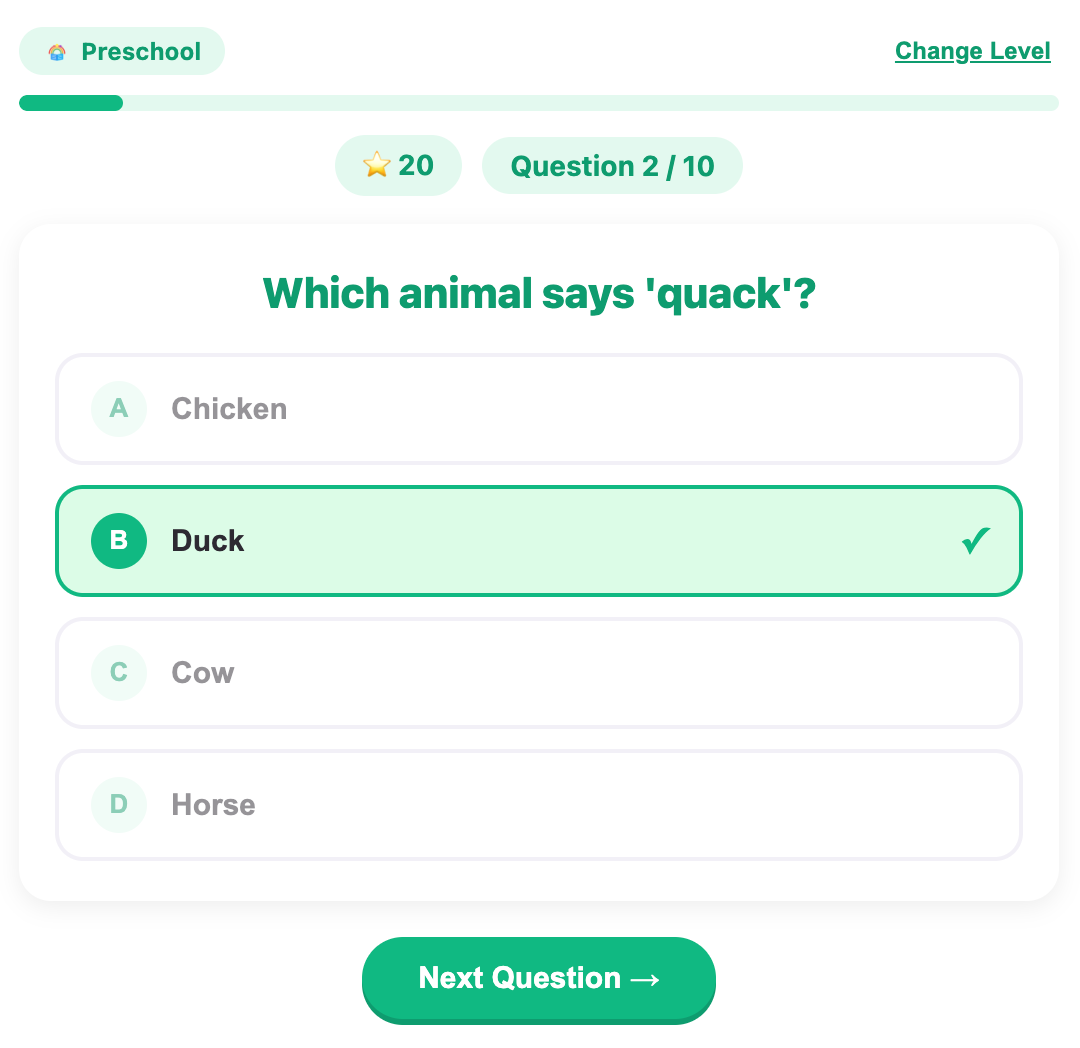 choose correct answer for an example quiz of the english quiz game