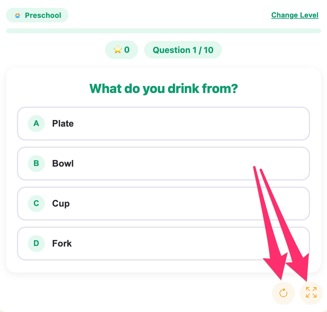 fullscreen and reload buttons of the english quiz game