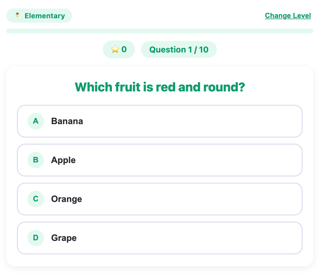 a screenshot about an example quiz for elementary in the english quiz game