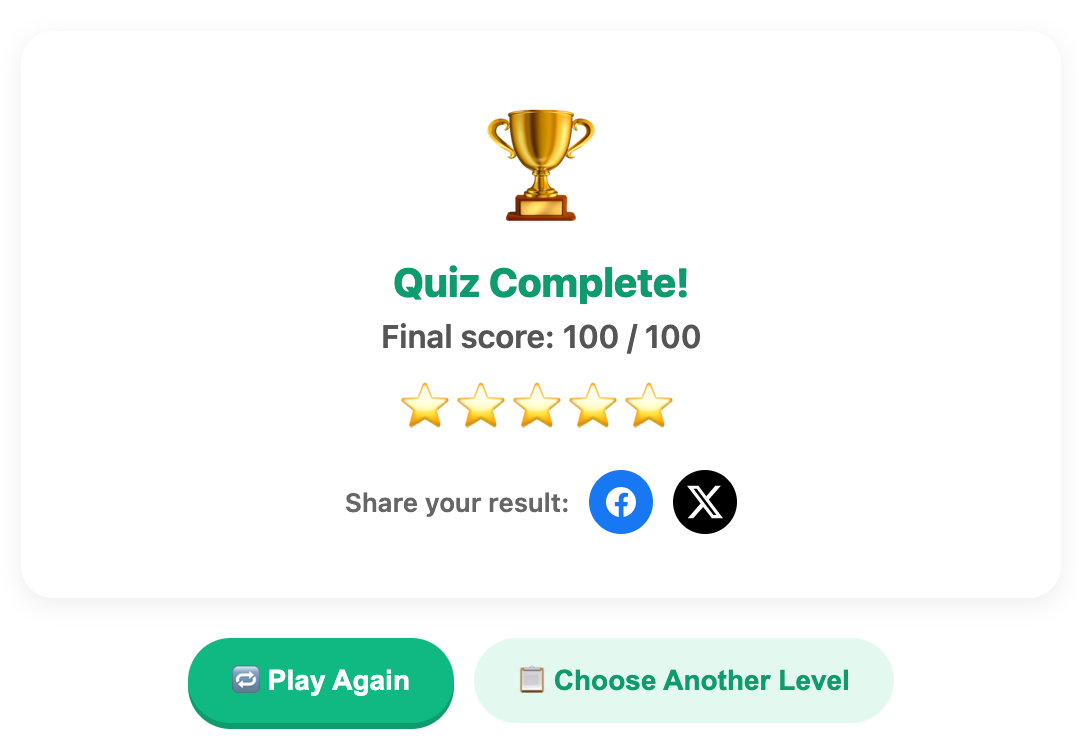 a screenshot when complete a english quiz game