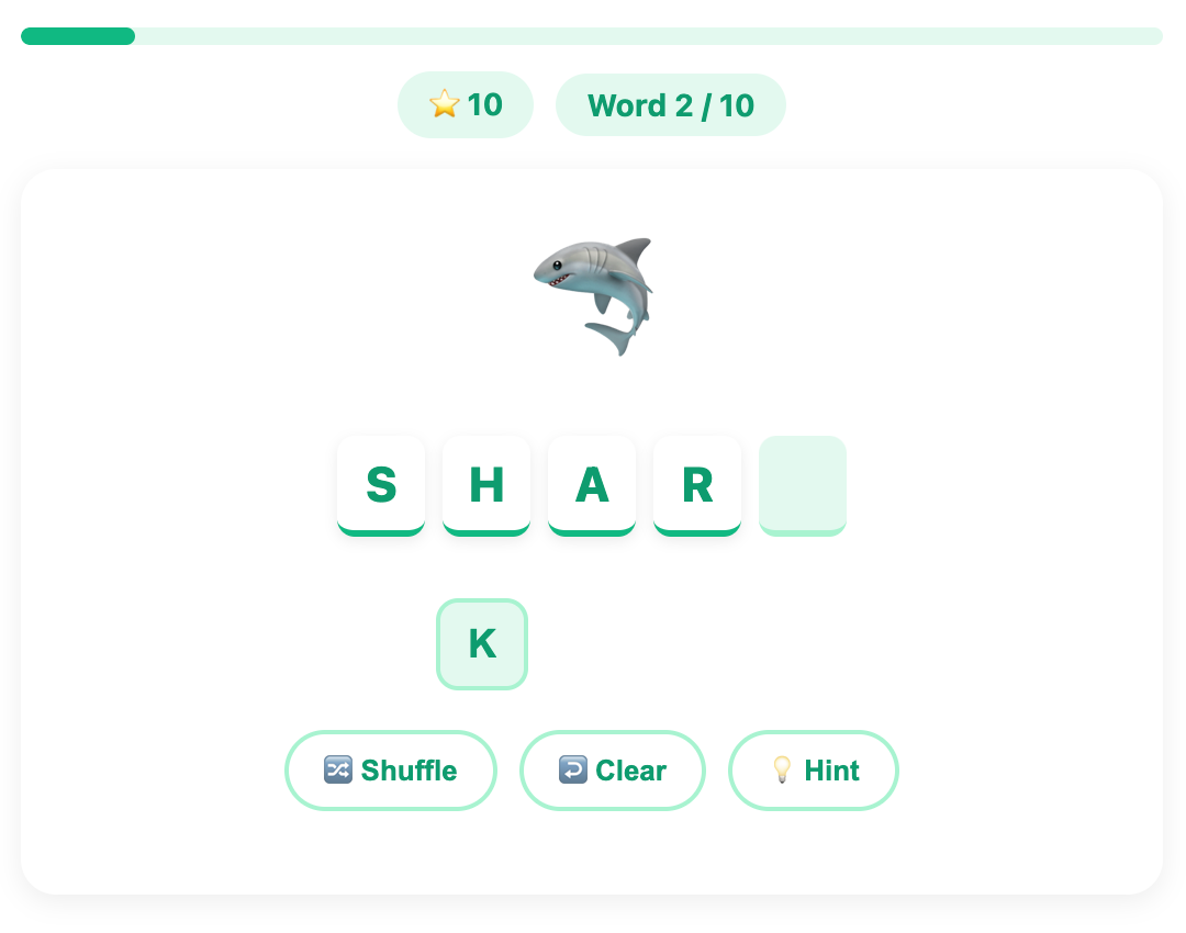 tap the letter tiles in an example round of the word scramble game