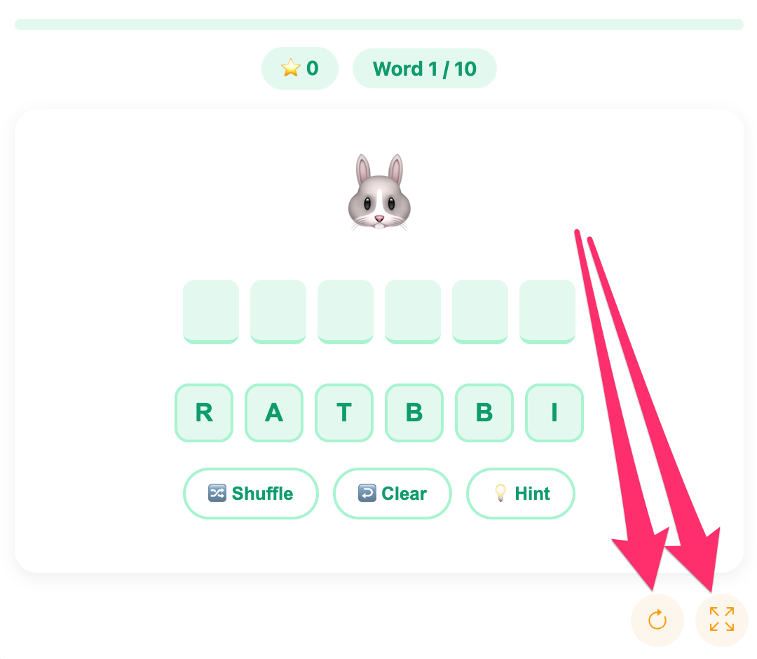 fullscreen and reload buttons of the word scramble game