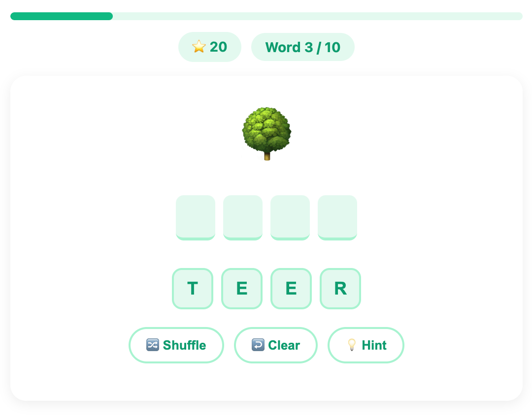 a screenshot about an example round of the word scramble game