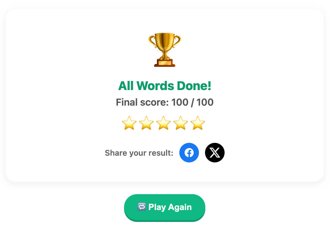 a screenshot when complete a word scramble game