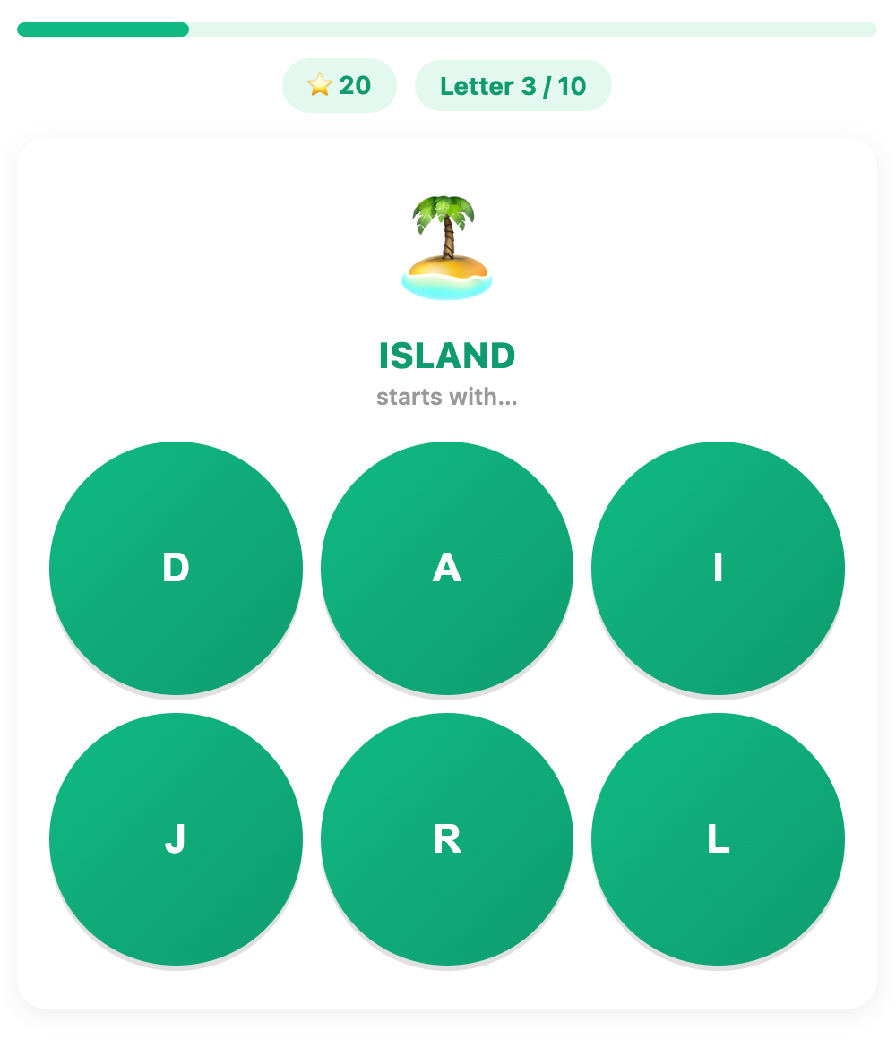 a screenshot about an example round of the alphabet pop game