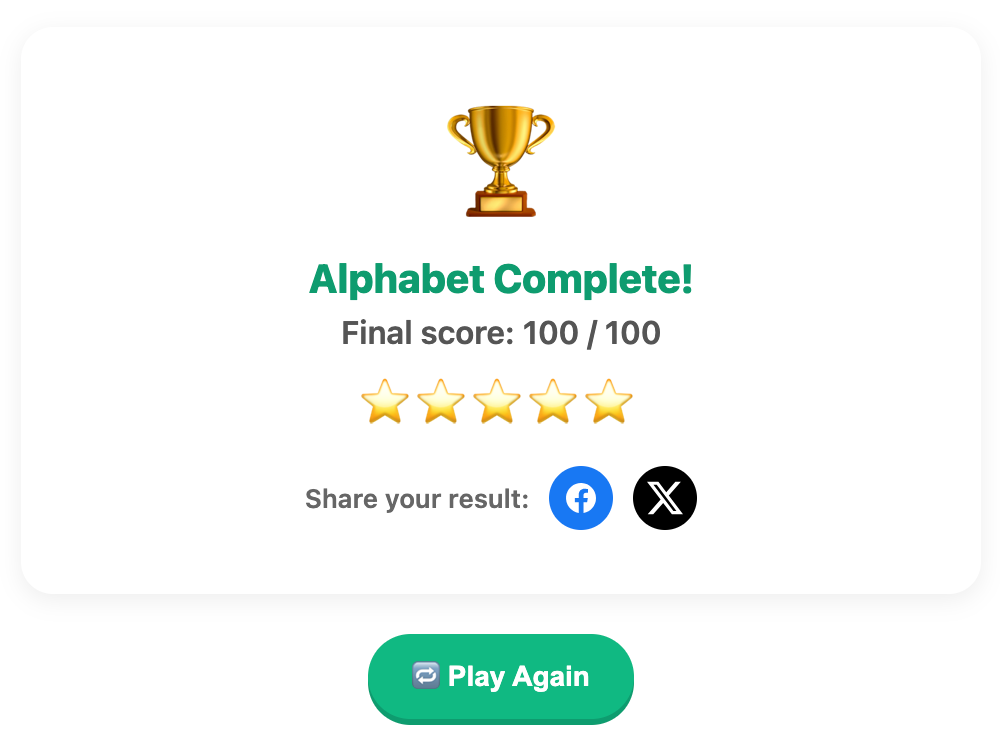 a screenshot when complete an alphabet pop game