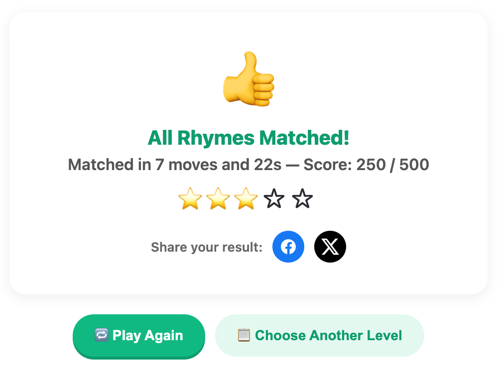 a screenshot when complete a rhyme match game