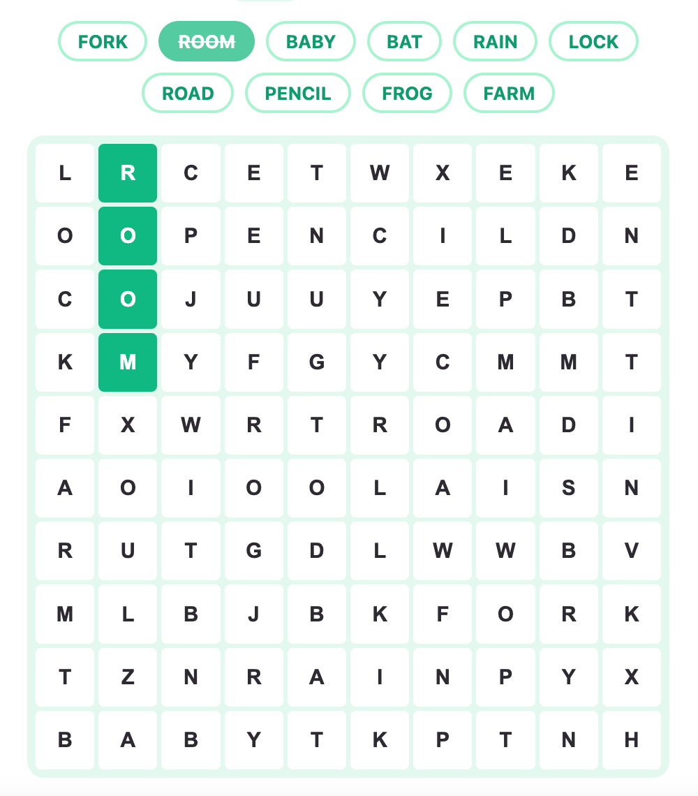 tap letters in the word search game