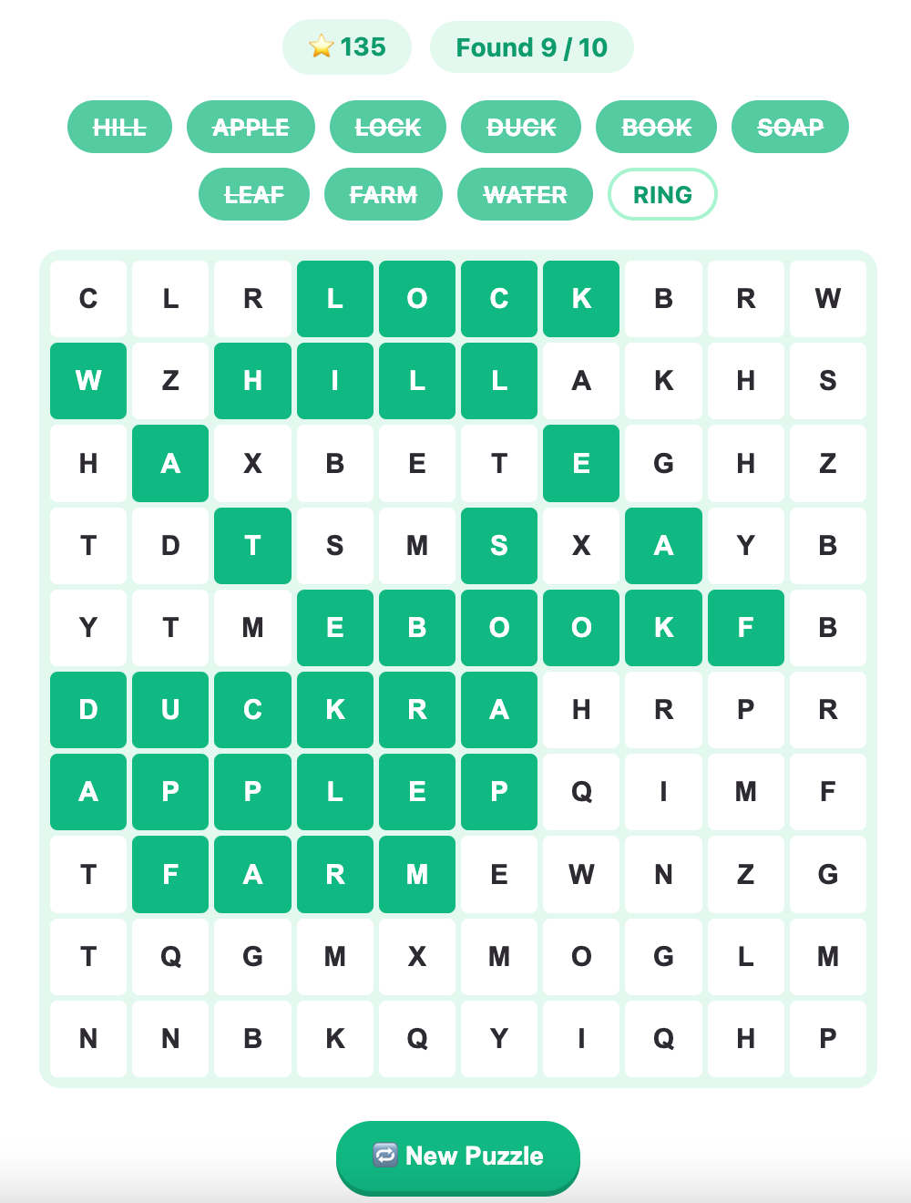 a screenshot when complete some words in the word search game