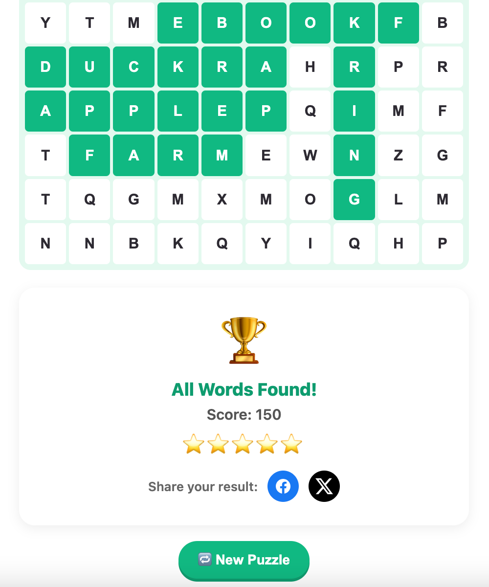 a screenshot when complete a word search game