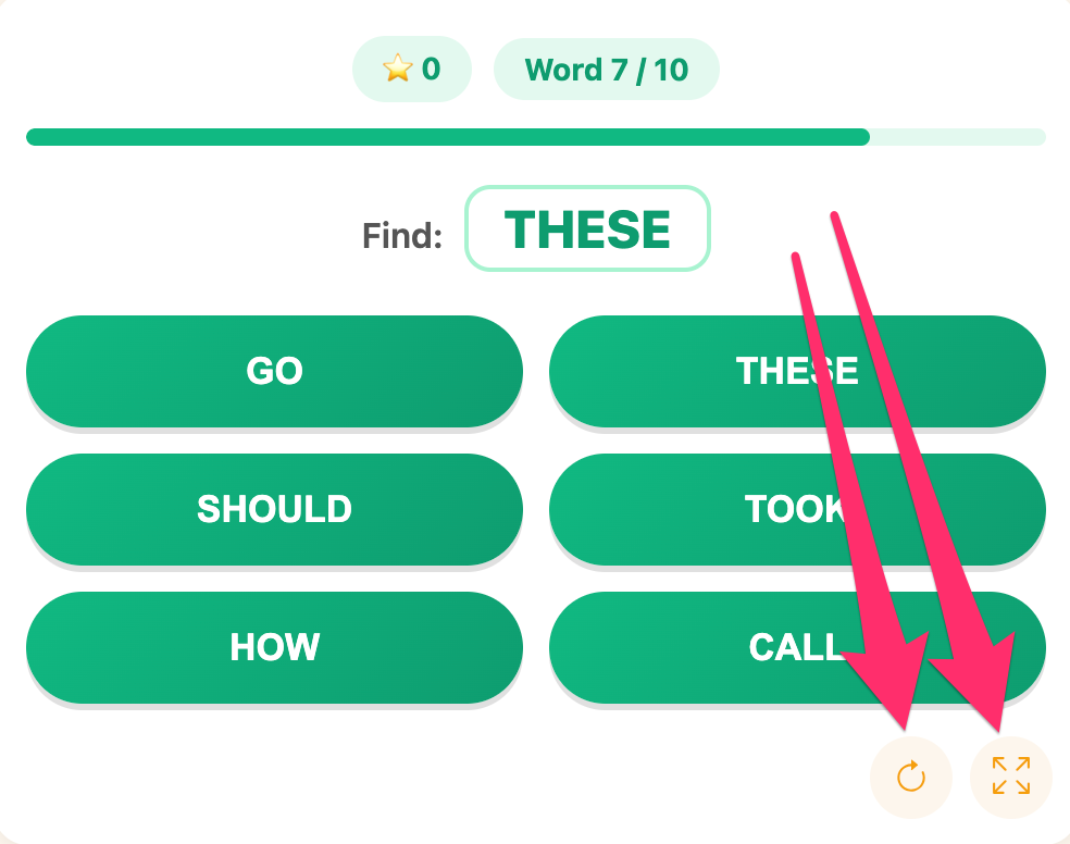 fullscreen and reload buttons of the sight word pop game